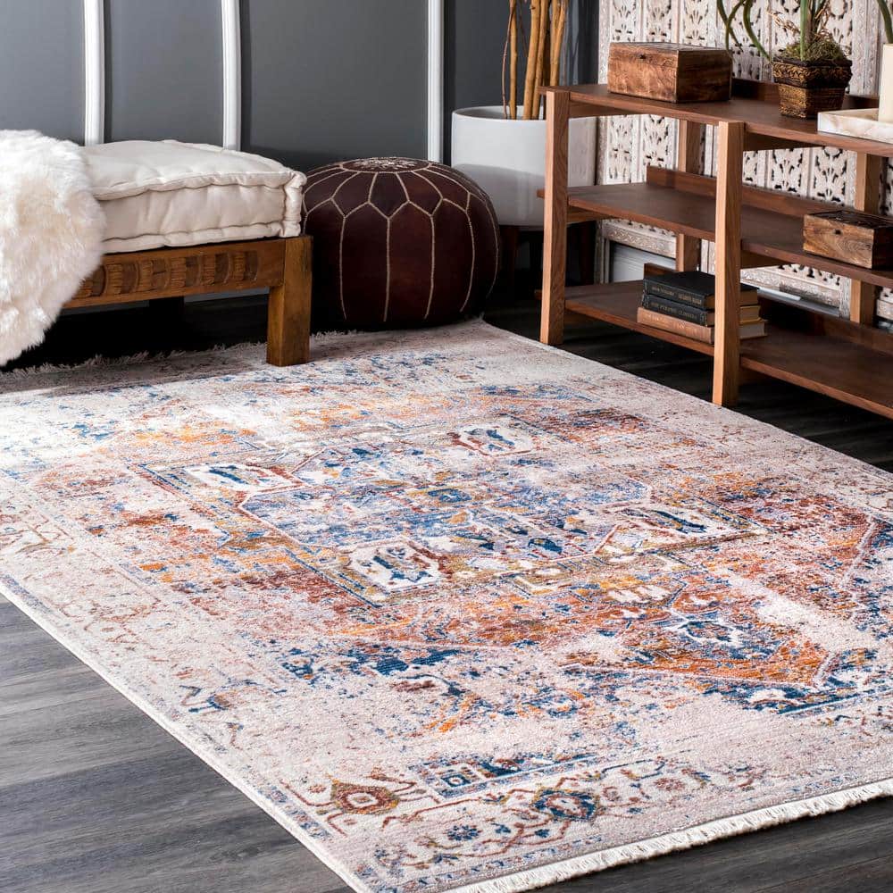 Ivory Synthetic Stain-Resistant Rectangular Area Rug 7x9