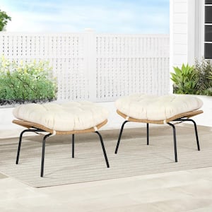 Metal PE Wicker Outdoor Ottoman with Beige Cushion (2-Pieces)