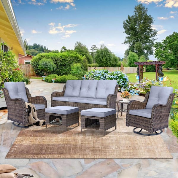 Brown 6-Piece Wicker Patio Conversation Set Sofa Seating Swivel Chairs with Ottomans Side Table and Gray Cushions