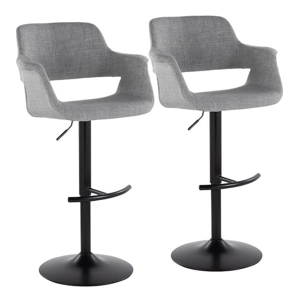 Lumisource Vintage Flair 47.5 in. Light Grey Fabric and Black Metal High Back Adjustable Bar Stool Rounded "T" Footrest (Set of 2)