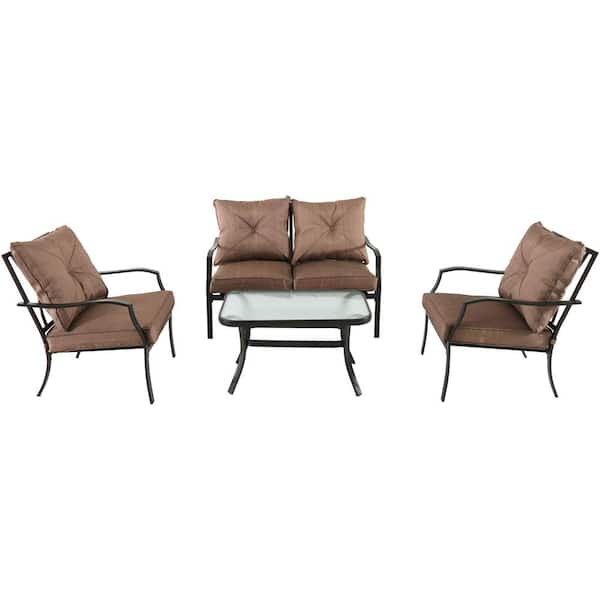 Hanover Palm Bay 4-Piece Steel Patio Conversation Set with Copper Brown Cushions