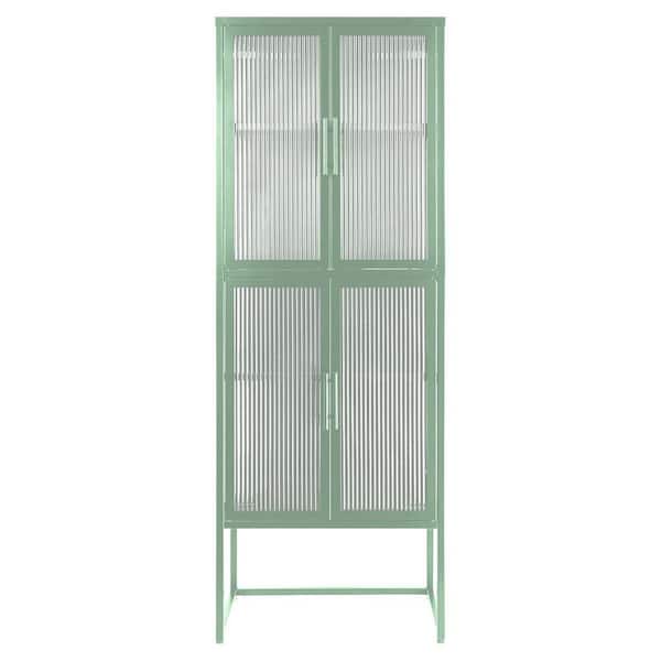 Unbranded 23.7 in. W x 13.86 in. D x 65.55 in. H Green Linen Cabinet with Arched Glass Door, Adjustable Shelves and Feet Anti-Tip