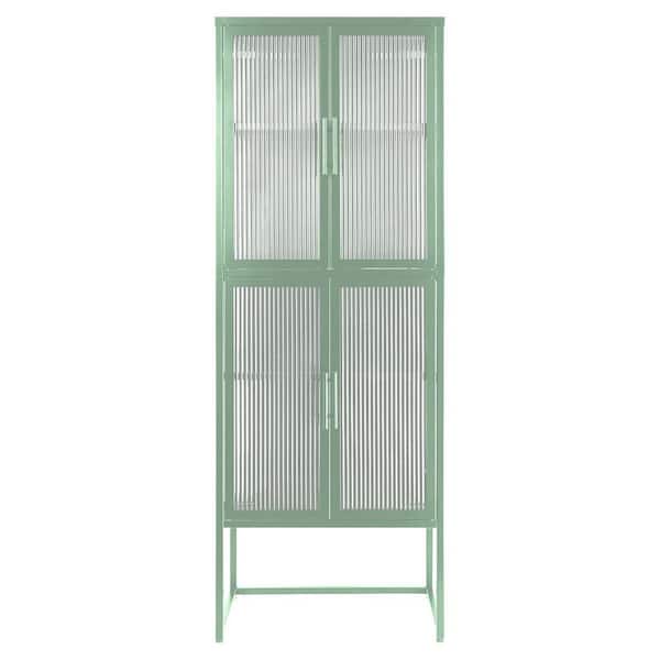 Unbranded 23.7 in. W x 13.86 in. D x 65.55 in. H Green Linen Cabinet with Arched Glass Door, Adjustable Shelves and Feet Anti-Tip