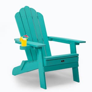 Green Folding Plastic Wood Adirondack Chair with Pullout Ottoman with Cup Holder, Oversized, for Patio Deck, Garden