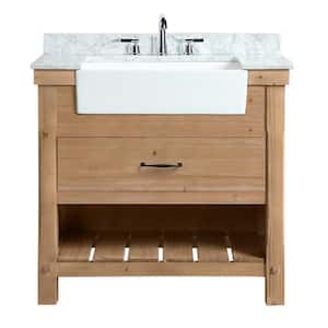 Marina 36 in. Single Bath Vanity in Driftwood with Marble Vanity Top in Carrara White with White Farmhouse Basin