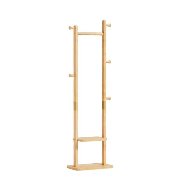 Modern Minimalist Natural Rubberwood Clothes Rack with Hooks and Shelf (18.9 in. W x 69.63 in. H)