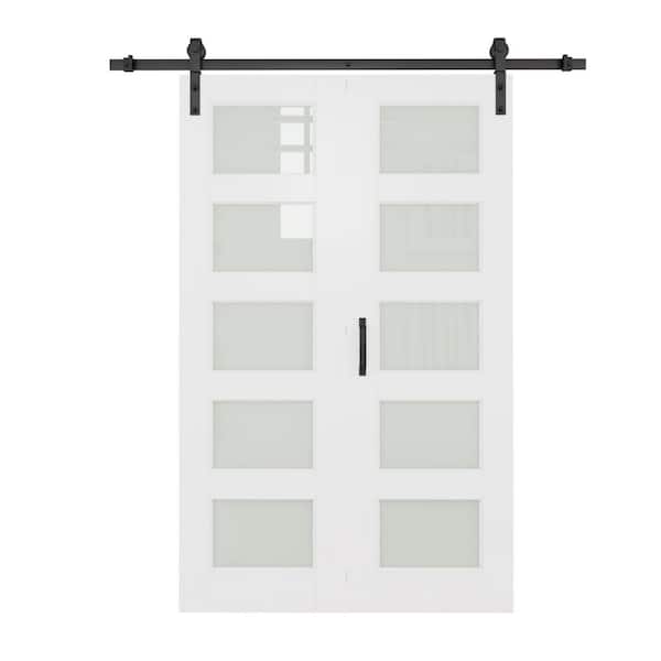 36 in. x 80 in. 5 Lite Tempered Frosted Glass White Primed MDF Bifold Sliding Barn Door with Hardware Kit Nickel