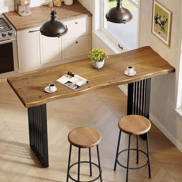 BYBLIGHT Kearten 35.43 in. H Brown Solid Wood Rectangle Bar Table