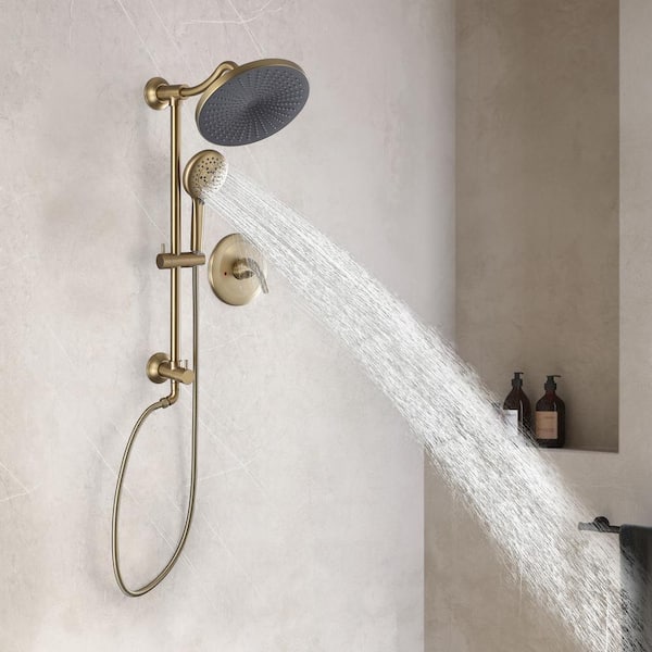 2-Spray Patterns 10 in. Wall Mount Dual Shower Heads with 5-Setting Hand Shower System in Brushed Gold