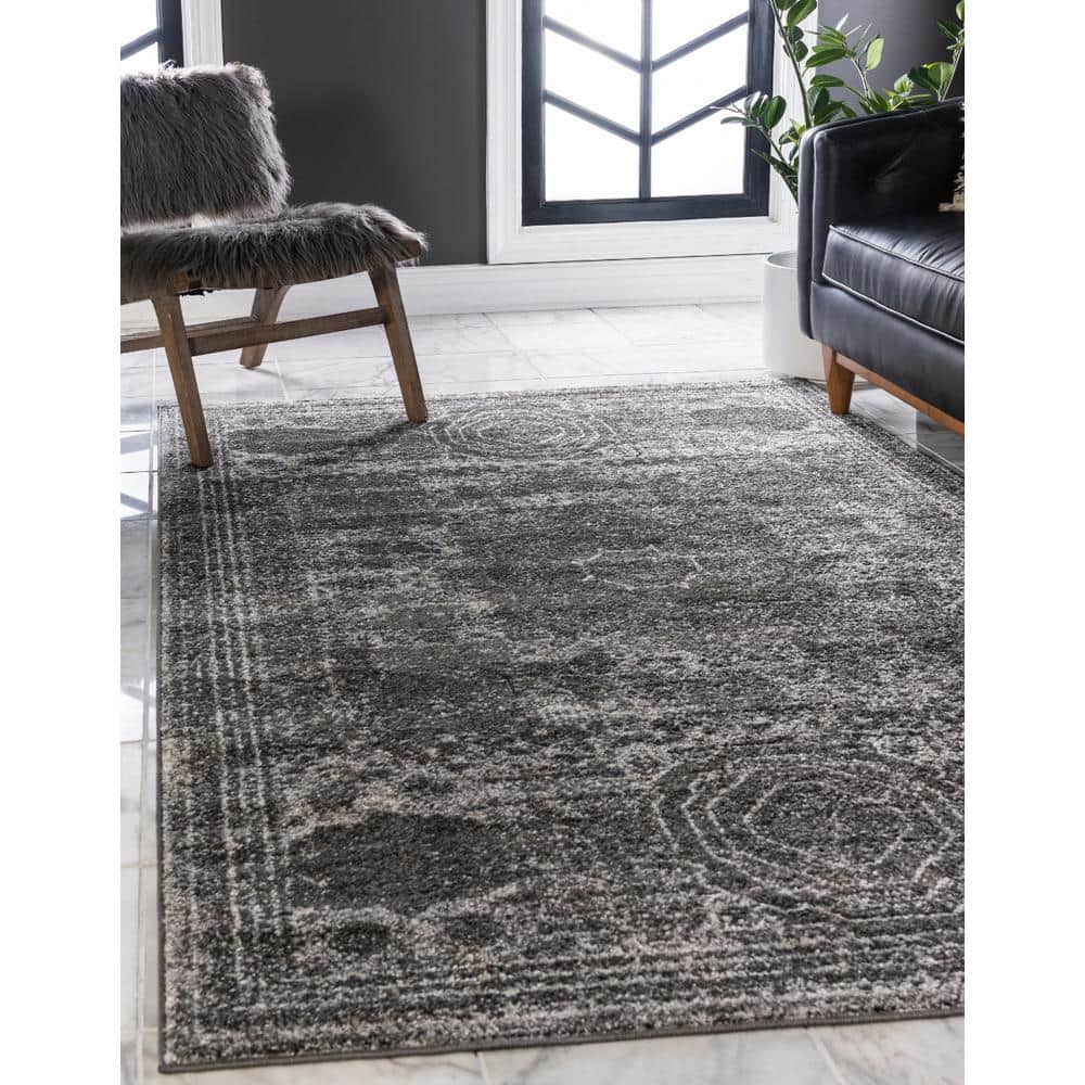 Dark Gray Rectangular Synthetic Low Pile Area Rug