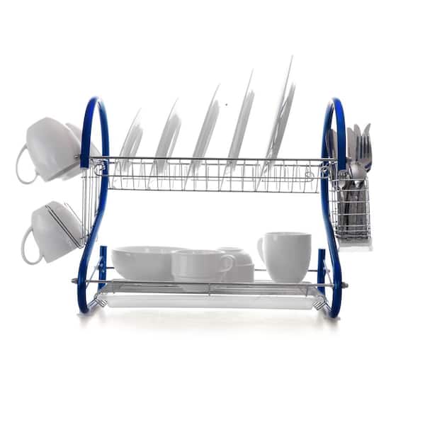 Montgomery Ward Retro 2-Tier Dish Rack, Space-Saving Design, Durable Plastic and Chrome-Plated Wire, Easy Assembly (Island Blue)