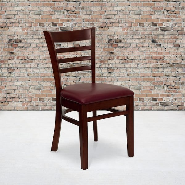 Hercules Series Mahogany Ladder Back Wooden Restaurant Chair with Burgundy Vinyl Seat