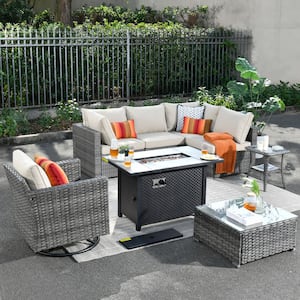 Messi Gray 8-Piece Wicker Outdoor Patio Conversation Sectional Sofa Fire Pit Set with a Swivel Chair and Beige Cushions