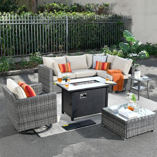 Hooowooo Messi Gray 8 Piece Wicker Outdoor Patio Conversation Sectional Sofa Fire Pit Set With A 4267