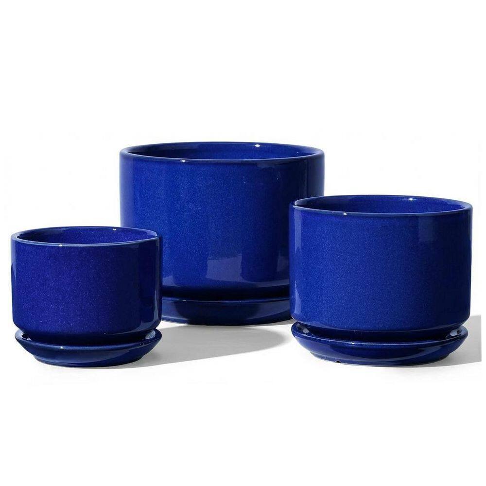 3-Set Sapphire Blue Ceramic Planters with Drainage Hole and Saucer, Indoor Flower Pot with Hole Mesh Pad price history on PriceWatchPro