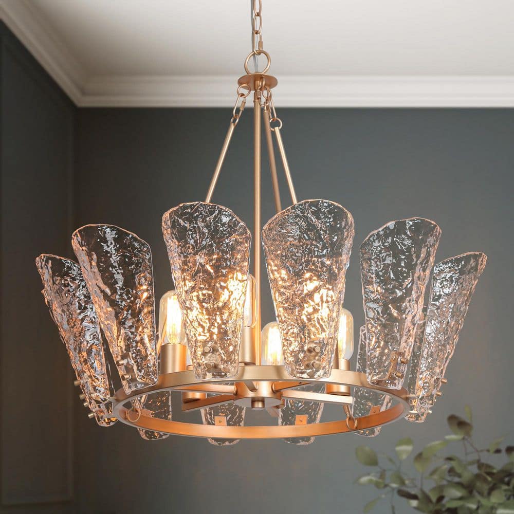Modern 27 in. 6-Light Brass Gold Candlestick Chandelier for Living Room with Textured Glass Shade Island Pendant price history on PriceWatchPro