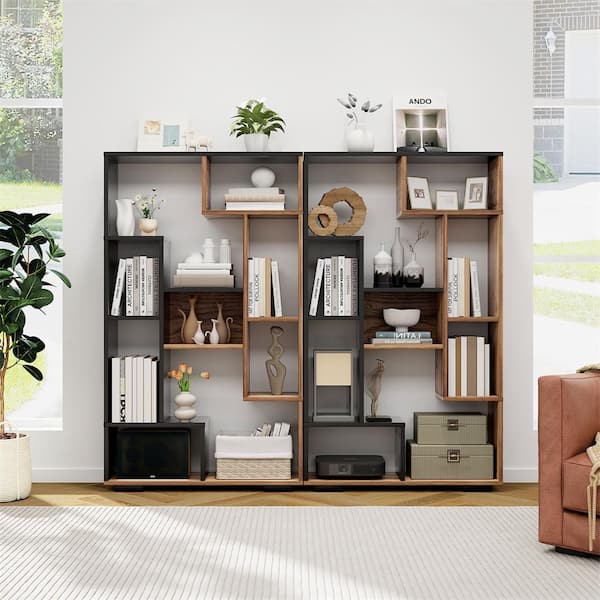 HONEY JOY 47 in. Tall Black Plus Natural Engineered Wood Bookcase with Multiple Open Shelves Anti-Tipping Devices