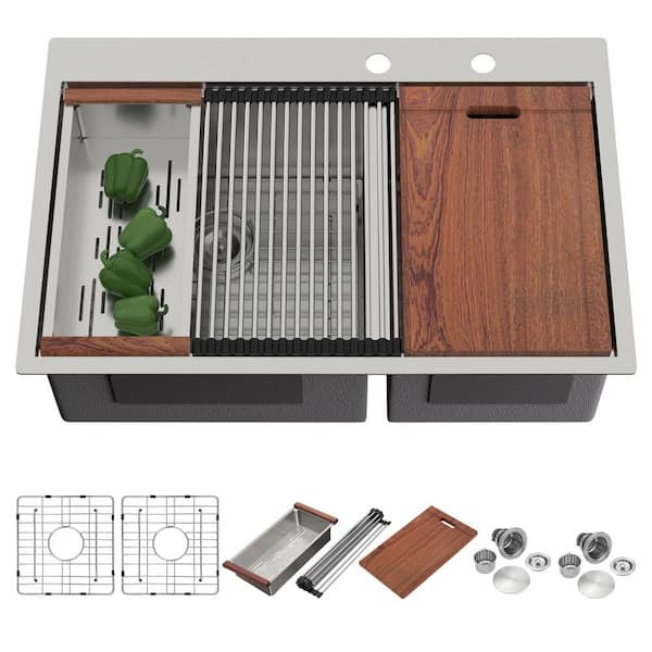 33 in. Drop-In/Topmount 60/40 Double Bowl 16-Gauge Stainless Steel Workstation Kitchen Sink Basin with Strainer