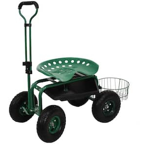 Green Steel Rolling Garden Cart with Steering Handle, Seat and Tray