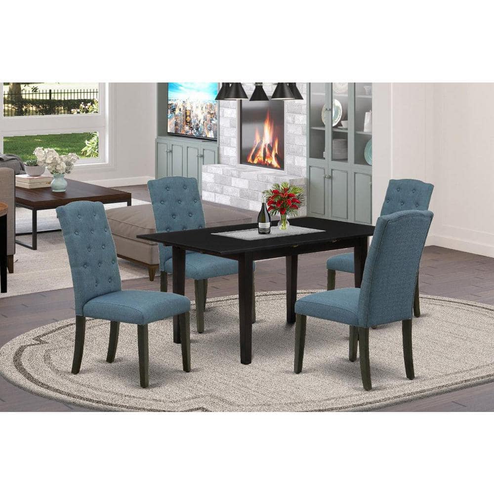 5-Piece Black Solid Wood Top - Rectangular Button Tufted Upholstered Dining Room Set with Butterfly Leaf - Seats 4