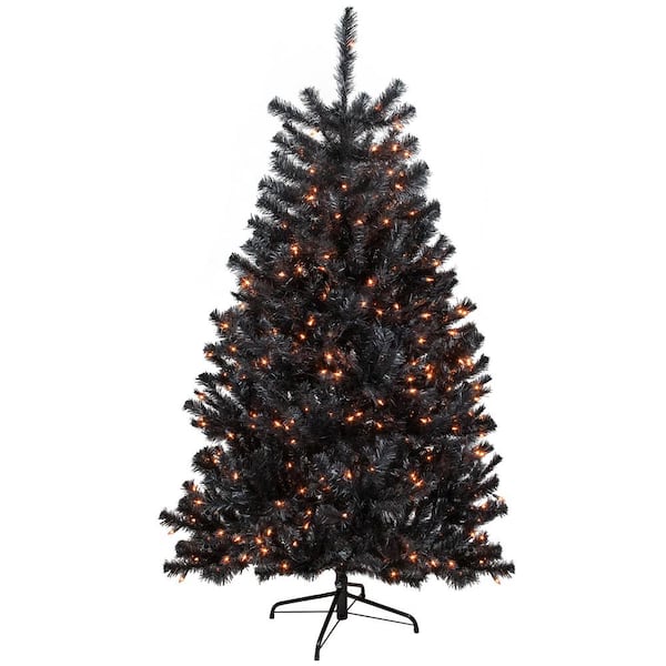 72 in. Pre-Lit Black Noble Spruce Artificial Halloween Tree Orange Lights
