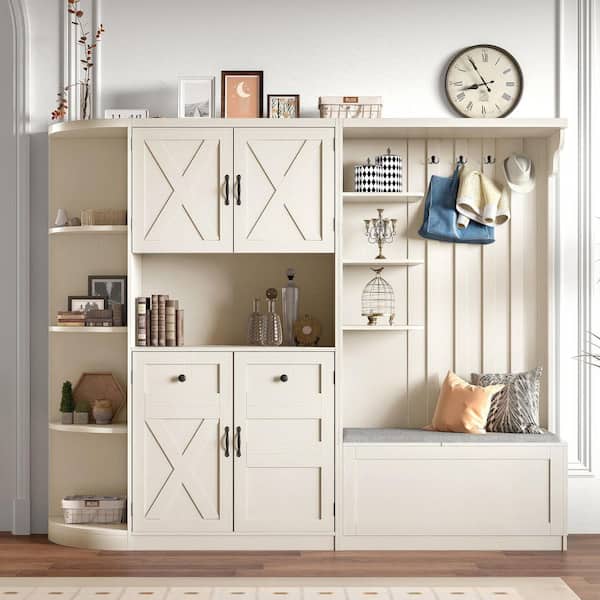 79.1 in. W x 66.1 in. H Detachable Left-Right Combination Hall Cabinet with Storage Bench and 4 hooks, Beige