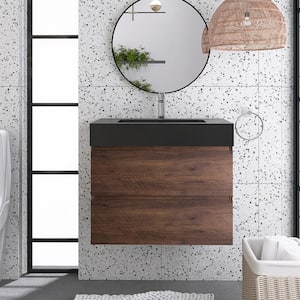30 in. W. x 18.1 in. D x 25.2 in. H Single Sink Wall-Mounted Bath Vanity in Walnut with Black Solid Surface Top