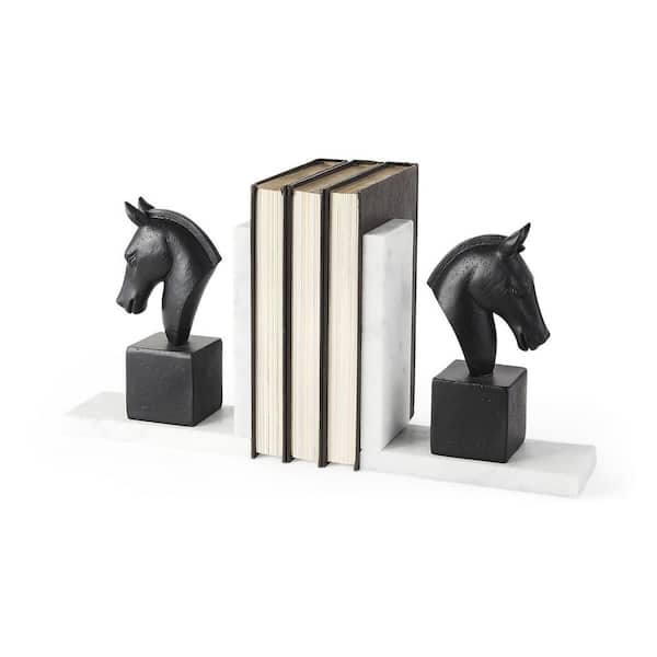 HomeRoots 8 .27 in. Black Stallion On White Marble Bookends