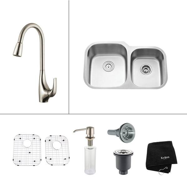 KRAUS All-in-One Undermount Stainless Steel 32 in. Double Basin Kitchen Sink with Faucet and Accessories in Stainless Steel