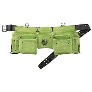 11-Pocket Suede Leather Tool Apron in Lime Green with 2 Hammer Holders and Suspender Hooks