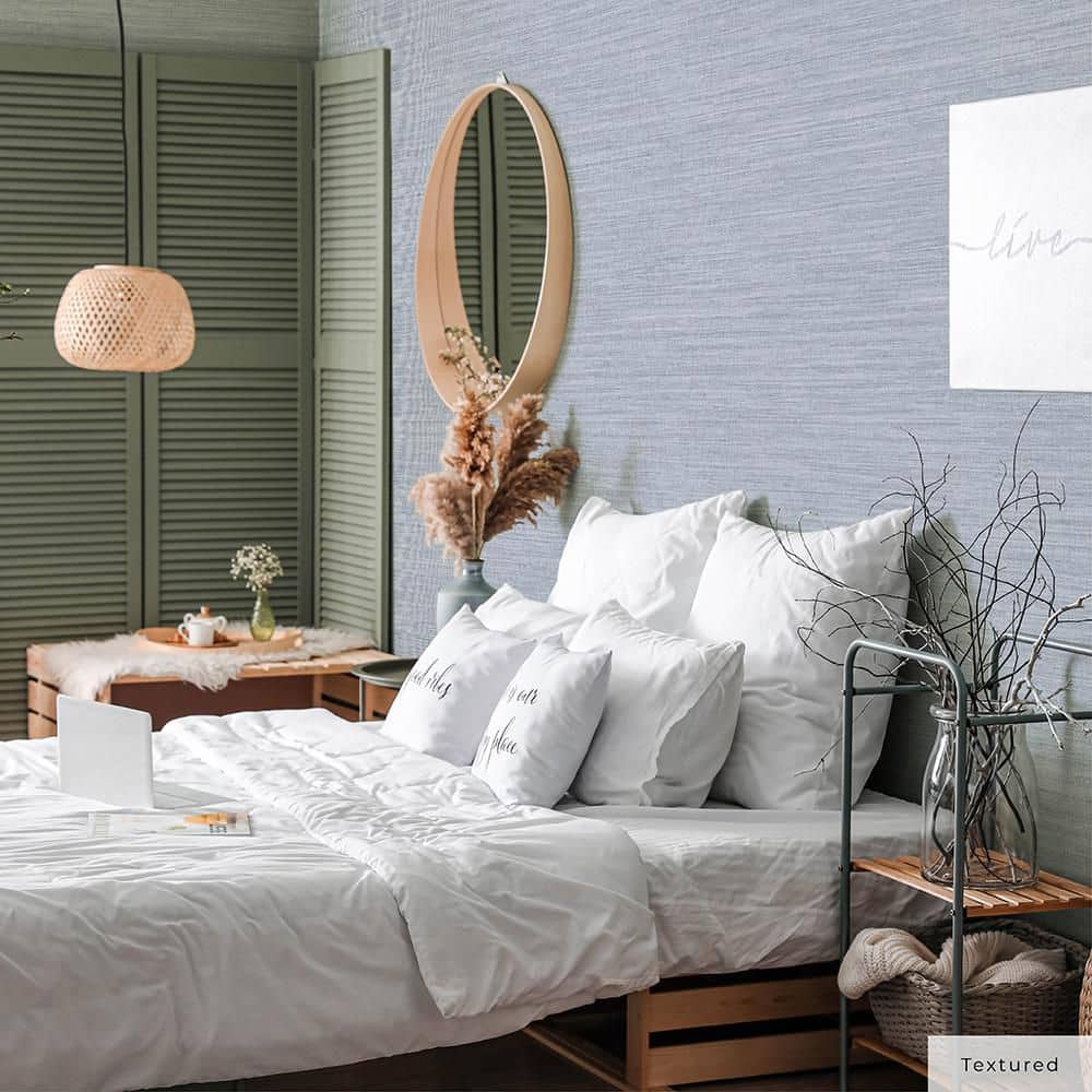 Powder Blue Vinyl Grasscloth Peel and Stick Wallpaper Roll