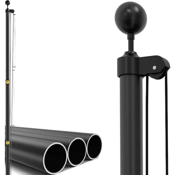 25FT Heavy Duty 14-Gauge Aluminum Sectional Flagpole Kit Wind Resistant Reinforcement Ring Patent Black w/ USA Flag