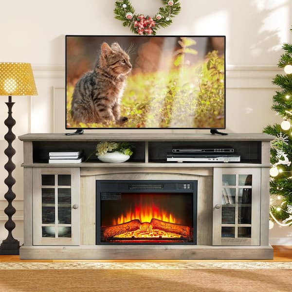 58 in. Freestanding Electric Fireplace TV Stant Entertainment Console with 23" Fireplace Insert for TV Up to 65 in. Gray