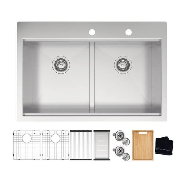 Zero Radius 33 in. Drop-In 50/50 Double Bowl 18-Gauge Stainless Steel Kitchen Sink with Accessories