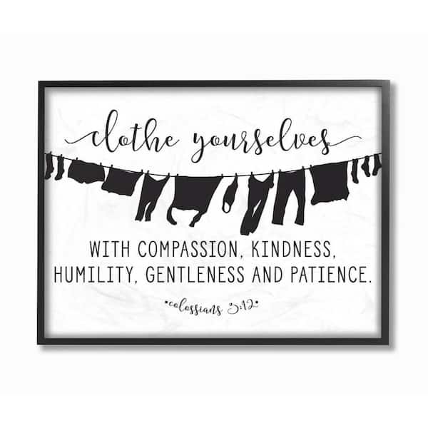 Stupell Industries 11 in. x 14 in. "Clothe Yourselves With Compassion Clothesline" by Lettered and Lined Wood Framed Wall Art