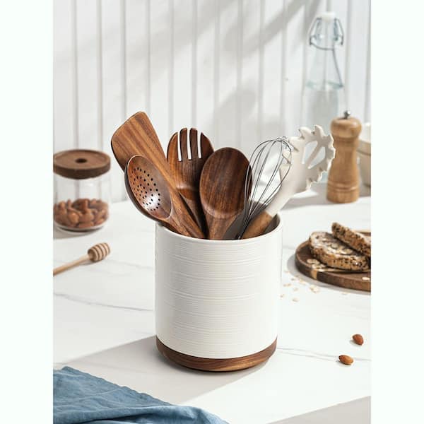 White Ceramic Utensil Holder with 360° Rotating Wooden Base Cooking Utensil Crocks for Kitchen Countertop