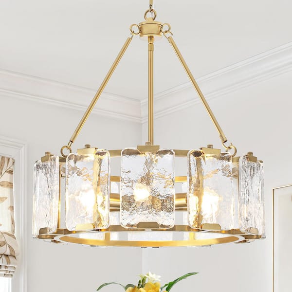 6-Light Modern Gold Drum Chandelier for Living Room with Glass Shade.