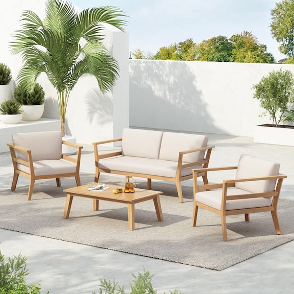 Bancroft Armrest 4-Piece Solid Wood Outdoor Patio Conversation Set with Beige Cushions, Light Teak Finish