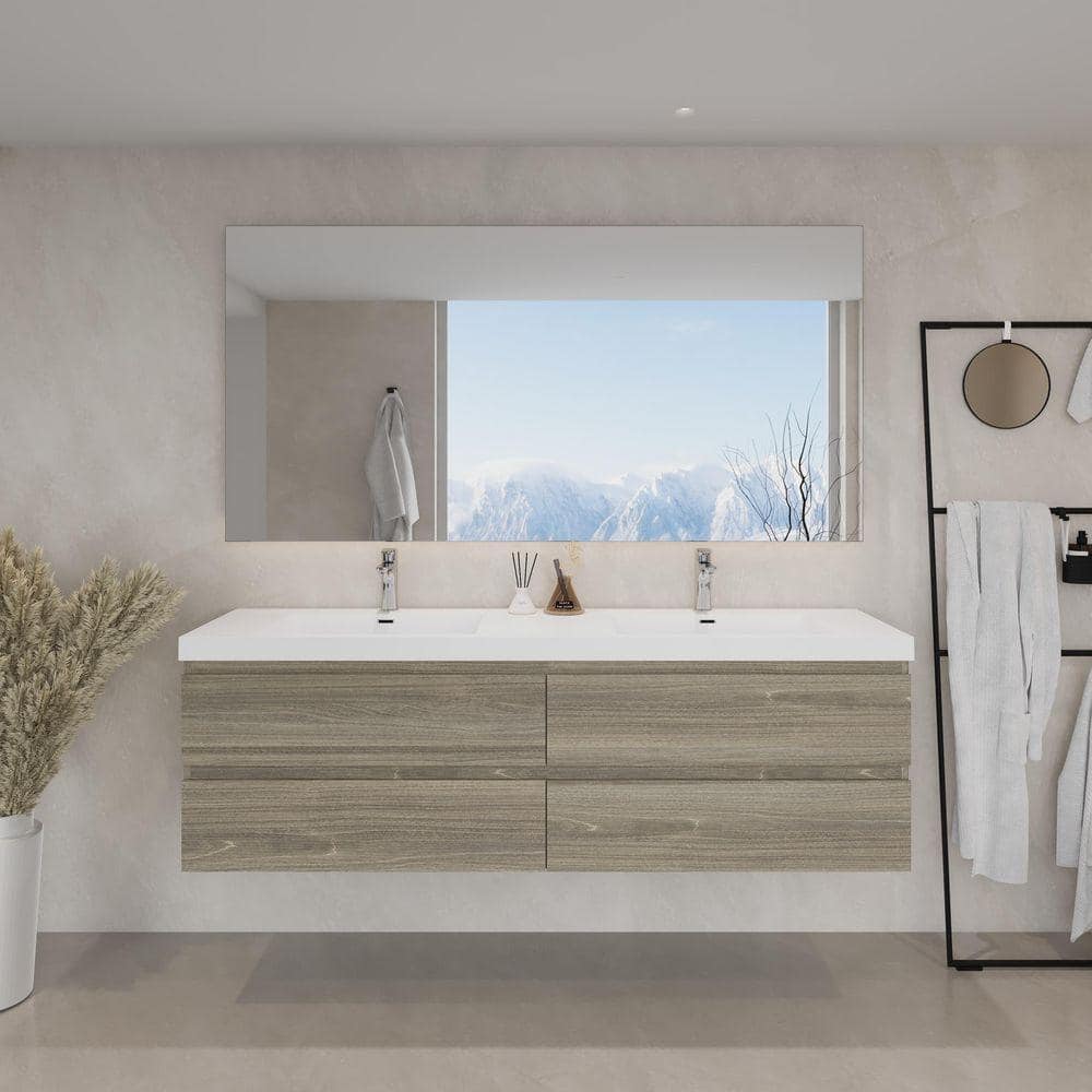 Aionor 72 in. W Double Sink Floating Bath Vanity in Ash Grey with