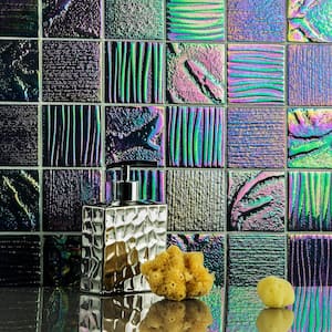 Marina Iridescent Black Squares 12 in. x 12 in. 8 mm Polished Glass Wall Tile (1 sq. ft.)