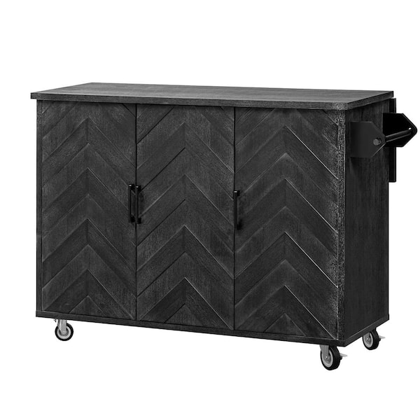 FUNKOL MDF Wood and 3D Wave Stripes ASH Veneer 51.2 in. W Rolling Kitchen Island with Drop Leaf and Internal Storage Rack,Black