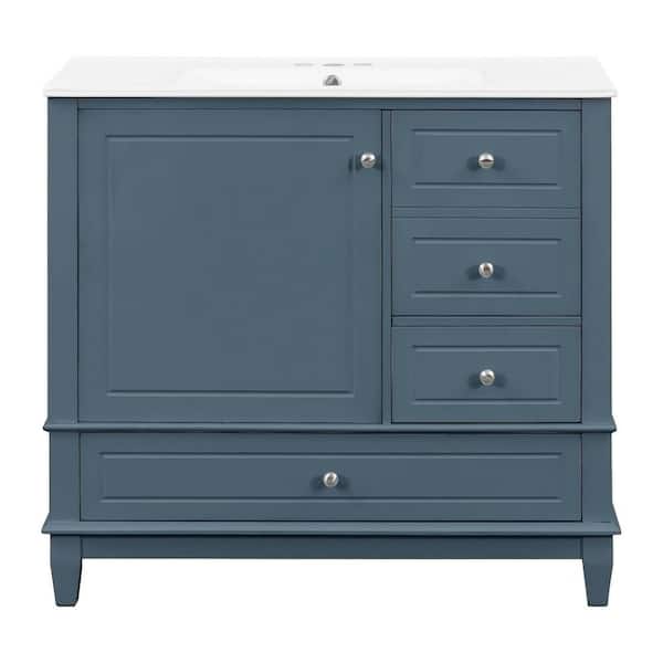 JUJABU 36 in. Freestanding Blue Bath Vanity with White Ceramic Top