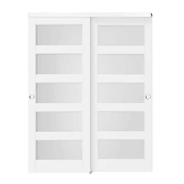 TENONER 64 in. x 80 in. (Double 32 in.) White, Finished, MDF Wood, 5-Lite, Frosted Glass Interior Door Slab with Bypass Hardware