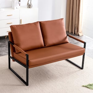 Modern Brown 2-Seater Arm Chair with 2 Pillows,PU Leather,High-Density Foam,Black Coated Metal Frame
