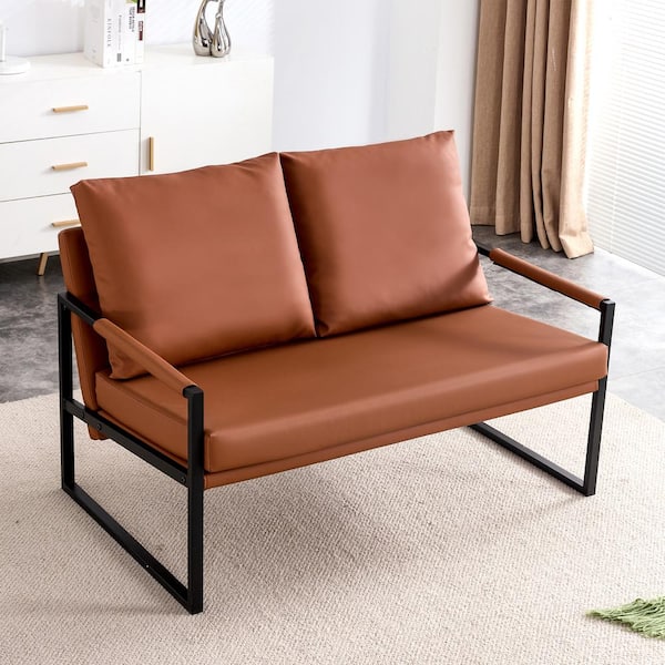 Polibi Modern Brown 2-Seater Arm Chair with 2 Pillows,PU Leather,High-Density Foam,Black Coated Metal Frame