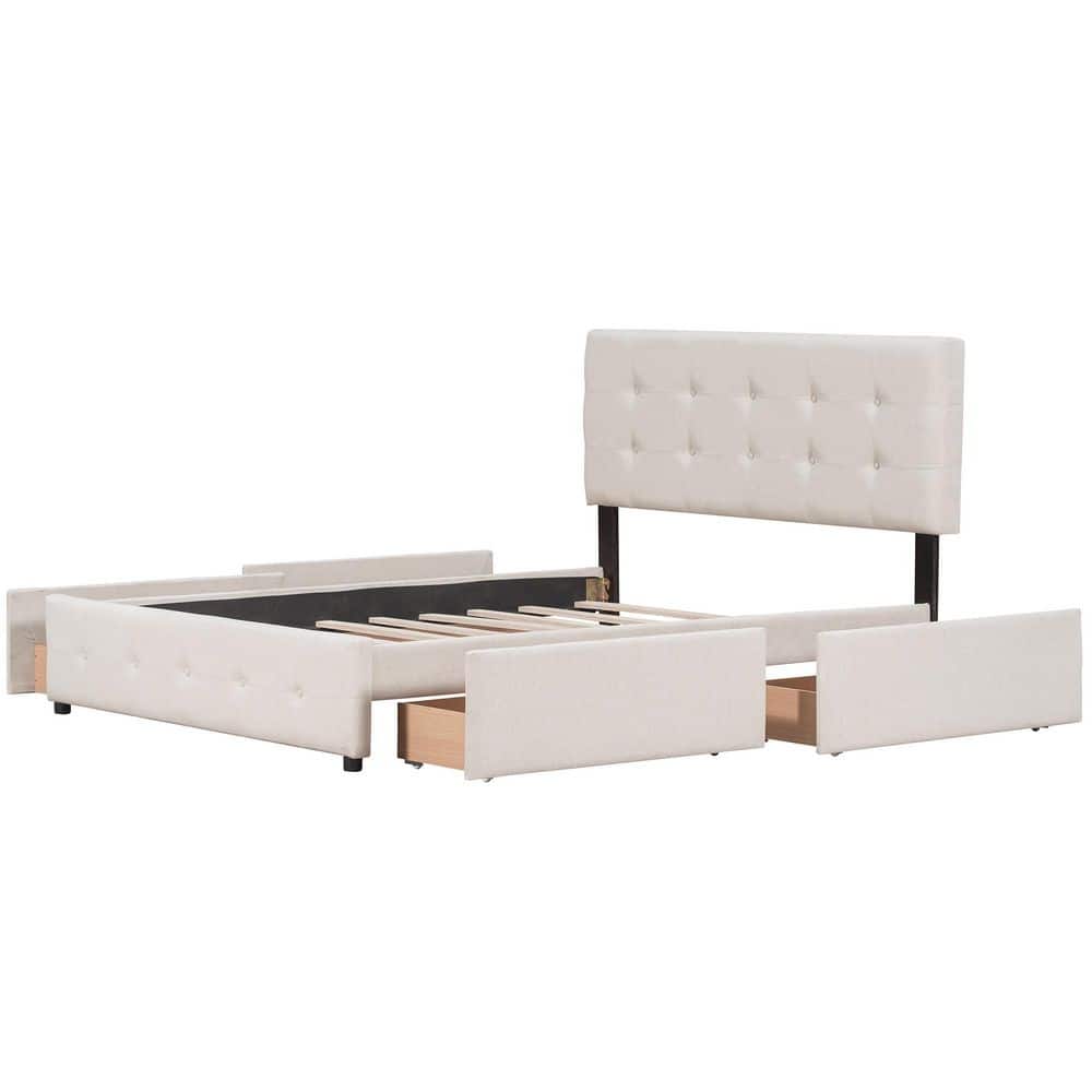 Beige Linen Upholstered Wood Frame Queen Size Platform Bed with 4-Drawers - thumbnail 7