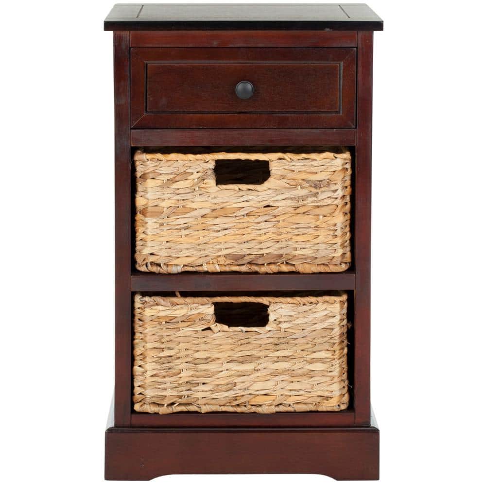 Dark Cherry Pine Side Table with Wicker Baskets