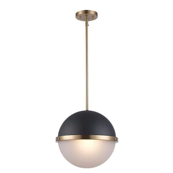 Monteaux Lighting Nadine 12.75 in. 1-Light Black and Antique Gold Modern Pendant Light Fixture with Frosted Glass Globe Shade