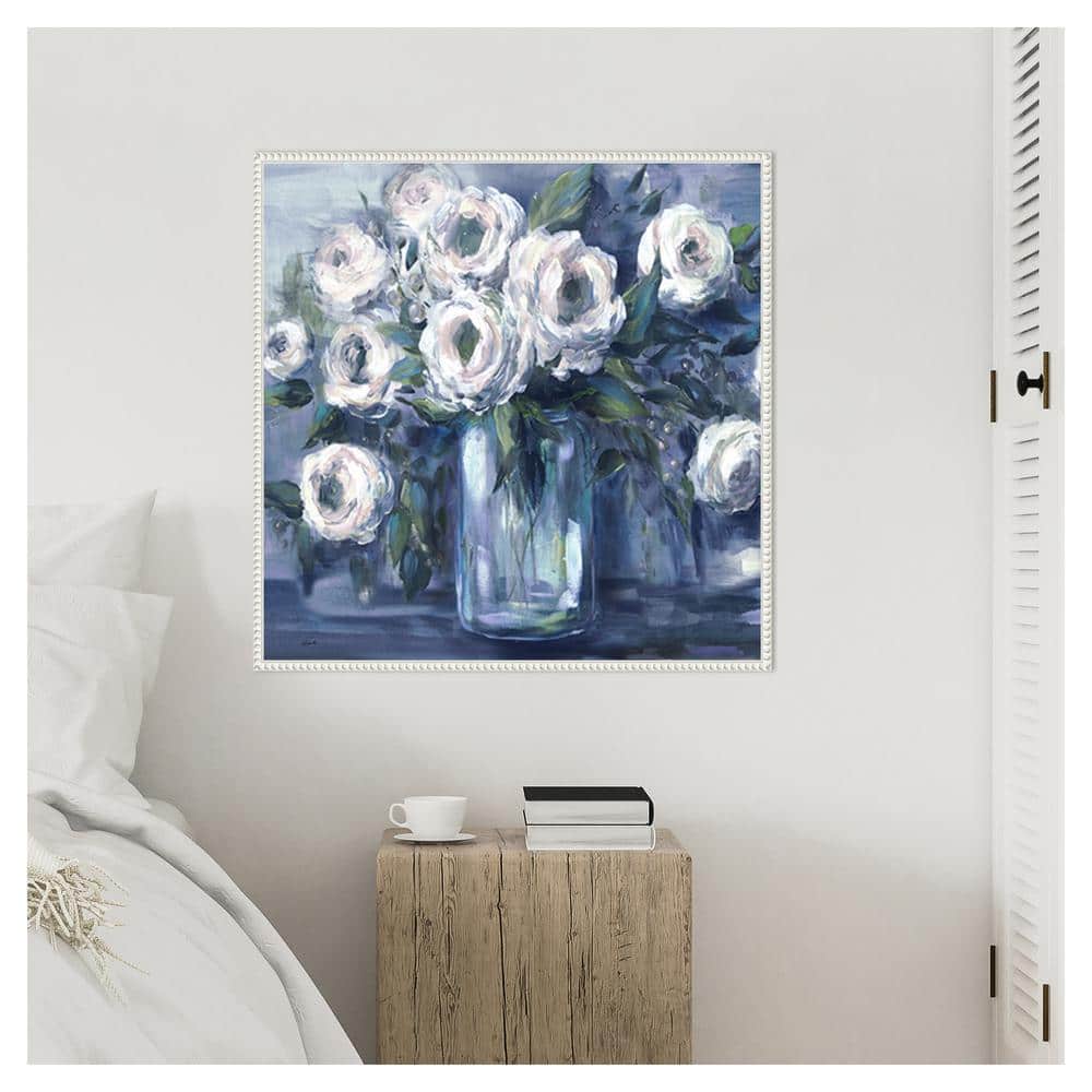 Indigo and White Floral Canvas Art with White Frame