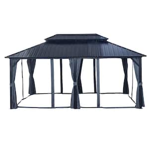 12 ft. x 18 ft. Black Aluminum Outdoor Hardtop Patio Gazebo with Netting and Curtains
